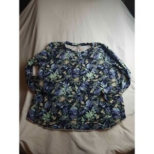 Zuda Blouse Womens Size XL Blue Floral Long Sleeve Top Coastal Grandma V-Neck
